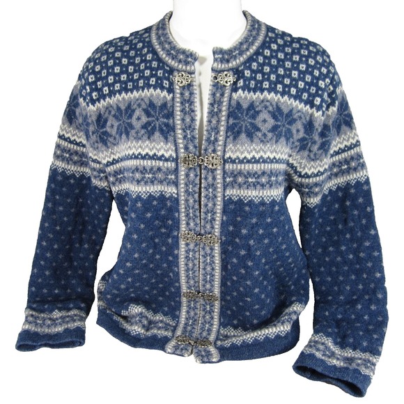 Carroll Reed Wool Cardigan Women M Blue Gray Fair Isle‎ Metal Clasp Nordic Hygge - Picture 1 of 9